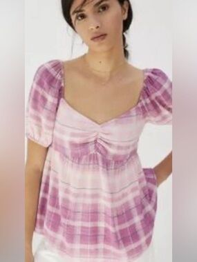 Milkmaid Sweetheart Babydoll ANTHROPOLOGIE En Elly Blouse Top Medium Plaid Pink